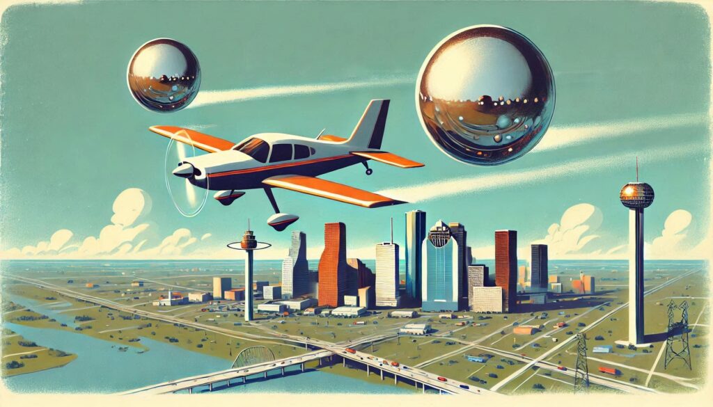 illustrazione di fantasia che rappresenta l'incontro raccontato da Leroy Chiao con due sfere metalliche mentre pilotava il suo aereo verso Houston